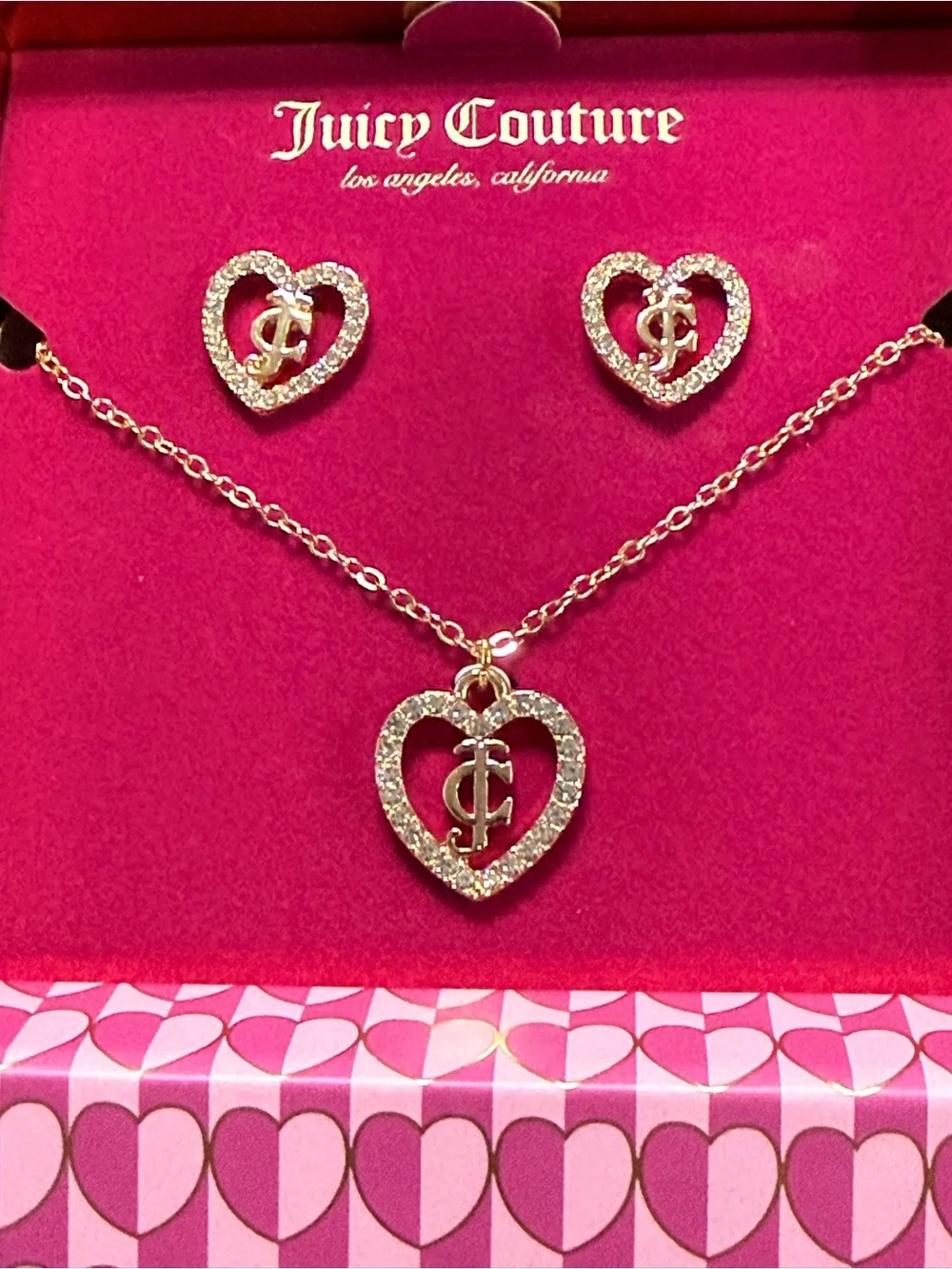 Juicy Couture Gold Tone Crystal Heart JC Necklace + Earrings Set NIB